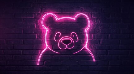 A panda is drawn with a glowing neon line against a brick wall background. A glowing neon sign forms a contour drawing of a panda against a dark grunge-style brick wall.	