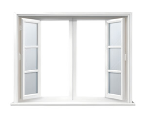 A bright, airy double-hung window stands open, inviting a gentle breeze and the promise of a fresh perspective, showcasing crisp white frames and clean lines against a stark white background.