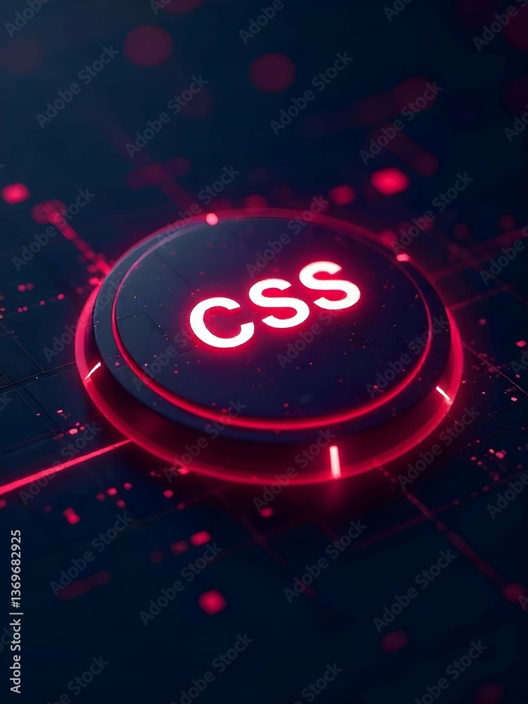 Fototapete Glowing CSS button on a futuristic dark surface with red light trails