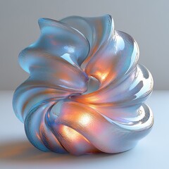 Glass object with blue and iridescent colors, in isometric view, on white background, with studio lighting, looks like a render in 3D program.