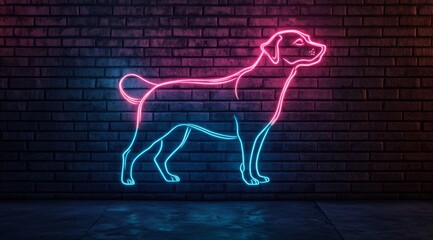 A dog is drawn with a glowing neon line against a brick wall background. A glowing neon sign forms a contour drawing of a dog against a dark grunge style brick wall.	
