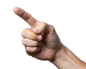A hand pointing, guiding the viewer towards an unseen opportunity, a gesture of direction and potential, isolated against a bright white background.