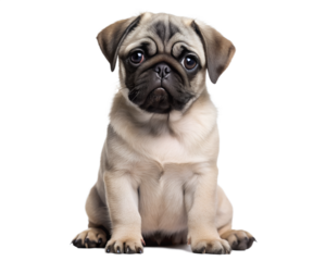 A sweet pug puppy sits patiently, gazing intently with big, expressive eyes against a clean white background.