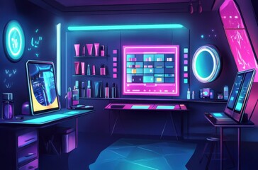 Fototapeta premium Vector illustration of a futuristic makeup studio,