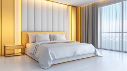 Modern bedroom with golden decor, soft ambient lighting, plush bedding, warm and sophisticated interior design