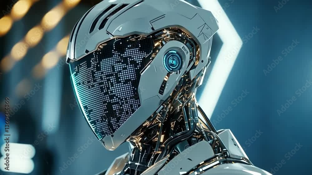 Poster advanced humanoid robot processing information on its digital faceplate. standing in a server room o
