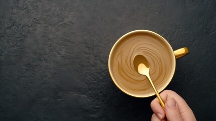 Person Calmly Stirring Coffee with Golden Spoon Forming Elegant Ripples