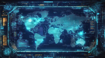 Obraz premium Global Network Visualization: Futuristic Digital World Map Interface