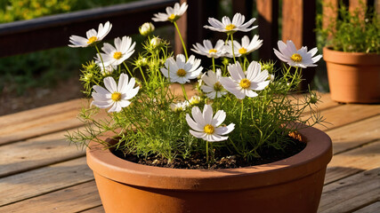 Cluster of white cosmos flowers growing in terracotta pot on wooden deck