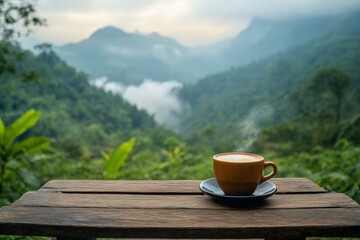 Hot coffee cup on wooden table with misty mountain landscape in background