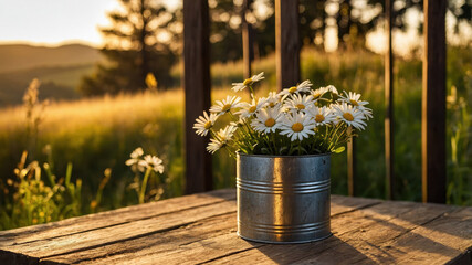 Bouquet of Daisies Resting in Rustic Tin Can on Wooden Table at Sunset