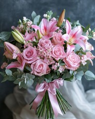 Mother's Day. Pink Rose and Lily Bouquet on Grey Background