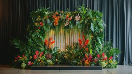 Lush botanical stage backdrop with tropical leaves and vibrant orange flowers. Great for weddings, product launches, or event photography.