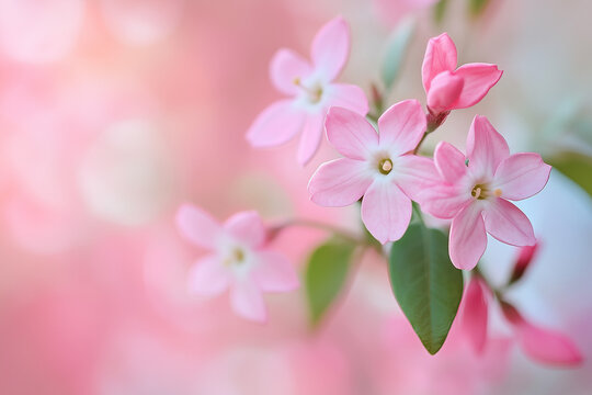 Delicate pink blossoms blooming in soft sunlight, a gentle whisper of springtime's arrival in a dreamy, blurred garden.