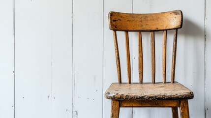 Fototapeta premium Rustic wooden chair with visible grain patterns and a vintage charm, contrasting softly against the white background