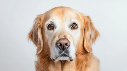Senior golden retriever with soft grey fur around its muzzle, sitting calmly on a white background, showcasing gentle wisdom