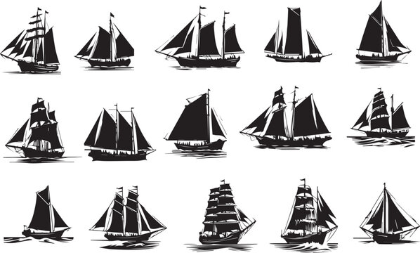 sailing ship silhouette vector set illustration.