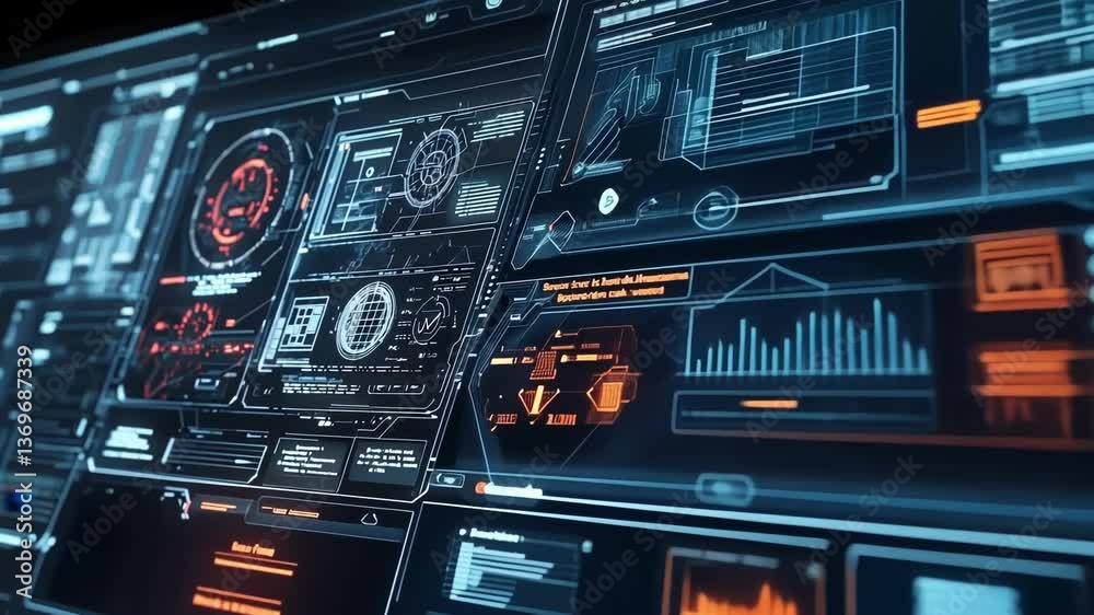 Poster futuristic interface displaying complex data analysis and cyber security information, featuring char