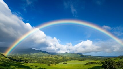 Naklejka premium Vibrant Rainbow Arches Over Lush Green Valley, Colorful Nature Scene