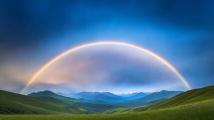 Naklejka premium Vibrant Rainbow Arches Over Lush Green Valley, Colorful Nature Scene