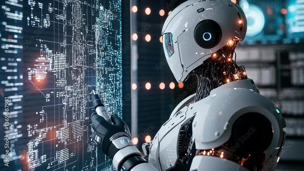 Poster in a technologically advanced environment, a sophisticated robot examines complex code displayed on 