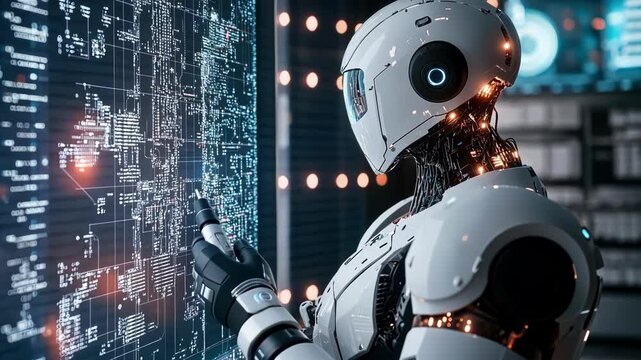 In a technologically advanced environment, a sophisticated robot examines complex code displayed on a large digital screen, potentially involved in cyber security or software development