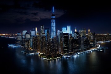 Fototapeta premium A stunning aerial shot of Manhattan at night, with skyscrapers glowing under thousands of lights