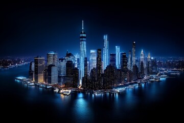 Fototapeta premium A stunning aerial shot of Manhattan at night, with skyscrapers glowing under thousands of lights