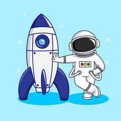 Fototapeta premium Cute Astronaut Leaning Pose with Rocket Cartoon Vector Illustration