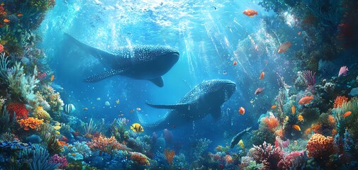 Fototapeta premium Two majestic whale sharks gracefully swim above a vibrant coral reef teeming with colorful fish