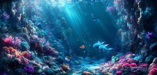 Fototapeta premium Vibrant underwater scene with colorful coral reefs, fish, and sunbeams penetrating the ocean depths. Perfect for marine life, nature, and ocean themes.