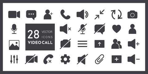 Icon Videocall. Set of basic symbols for video chat, business webinar or online communication. Phone, sound, microphone, camera, call buttons. Flat vector illustration.