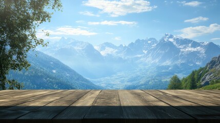 Breathtaking landscape view from a wooden terrace overlooking mountains during a sunny day