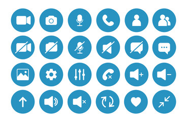 Icon Videocall. Vector set for app or learning conference. Collections buttons of online video chat, internet talk, call technology. Flat style.