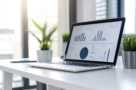 Modern workspace featuring laptop displaying financial graphs on a bright desk
