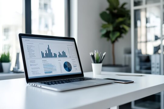 Modern workspace with laptop displaying business analytics on desk