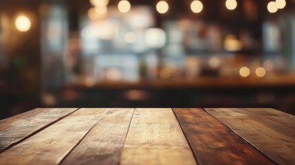Wooden tabletop in a cozy cafe setting with warm ambient lighting during the evening hours