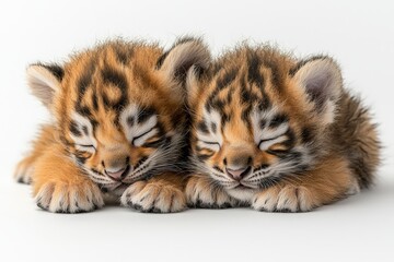 Fototapeta premium Adorable sibling tiger cubs sleeping peacefully together on a soft surface