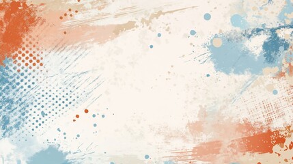 Abstract painted background with textured brush strokes, splashes, and dots in muted peach, light blue, and terracotta colors.