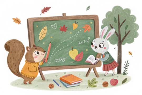 Adorable Squirrel and Rabbit Learning Together in Autumnal Setting