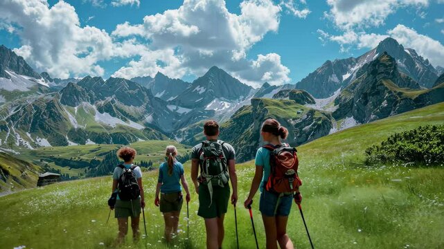 A group of five hikers makes their way through a lush green meadow, surrounded by towering mountains under a bright blue sky with fluffy clouds on a warm day.