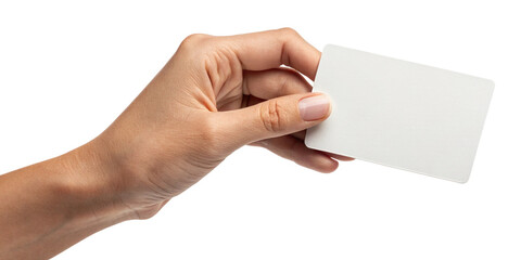Obraz premium A Woman's Hand Holding a Blank White Card on Black Background, Perfect for Mockups and Presentations
