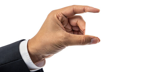 Fototapeta premium Closeup of a Man's Hand in a Suit Making a Small Pinching Gesture Against a Black Background