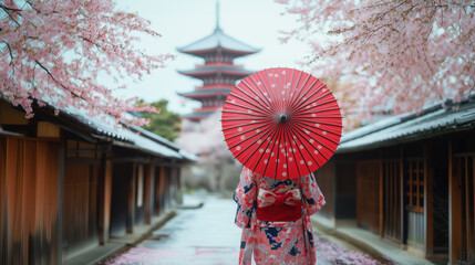 A rear view of a young woman wearing a traditional Japanese kimono. The background of old Japanese-style wooden house in cherry blossom on springtime. Ai generated.