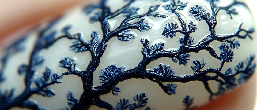 Blue Tree Nail Art Closeup.