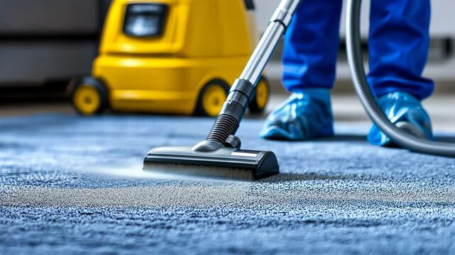 Professional carpet cleaning in action, showcasing a powerful vacuum cleaner head gliding over a blue carpet with a commercial cleaning machine in the background. A clean and fresh concept for hygiene
