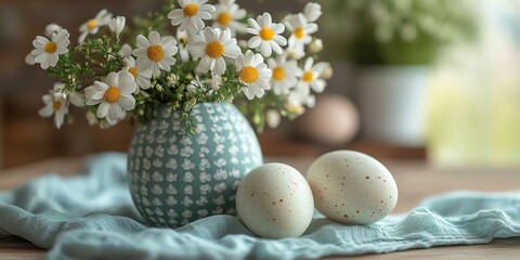 Obraz premium Easter Eggs and Daisy Arrangement Still Life on Soft Blue Fabric
