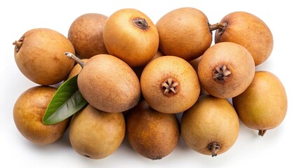 A Group of Ripe Sapodilla Fruits with a Green Leaf on a White Background