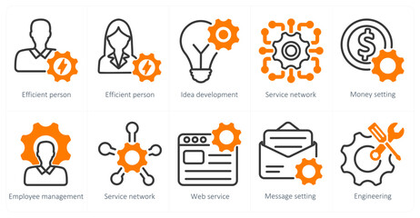 A set of 5 business and seo icons as efficient person, efficient person, idea development