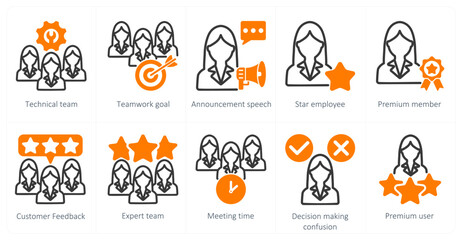 A set of 10 business icons as technical team, teamwork goal, announcement speech